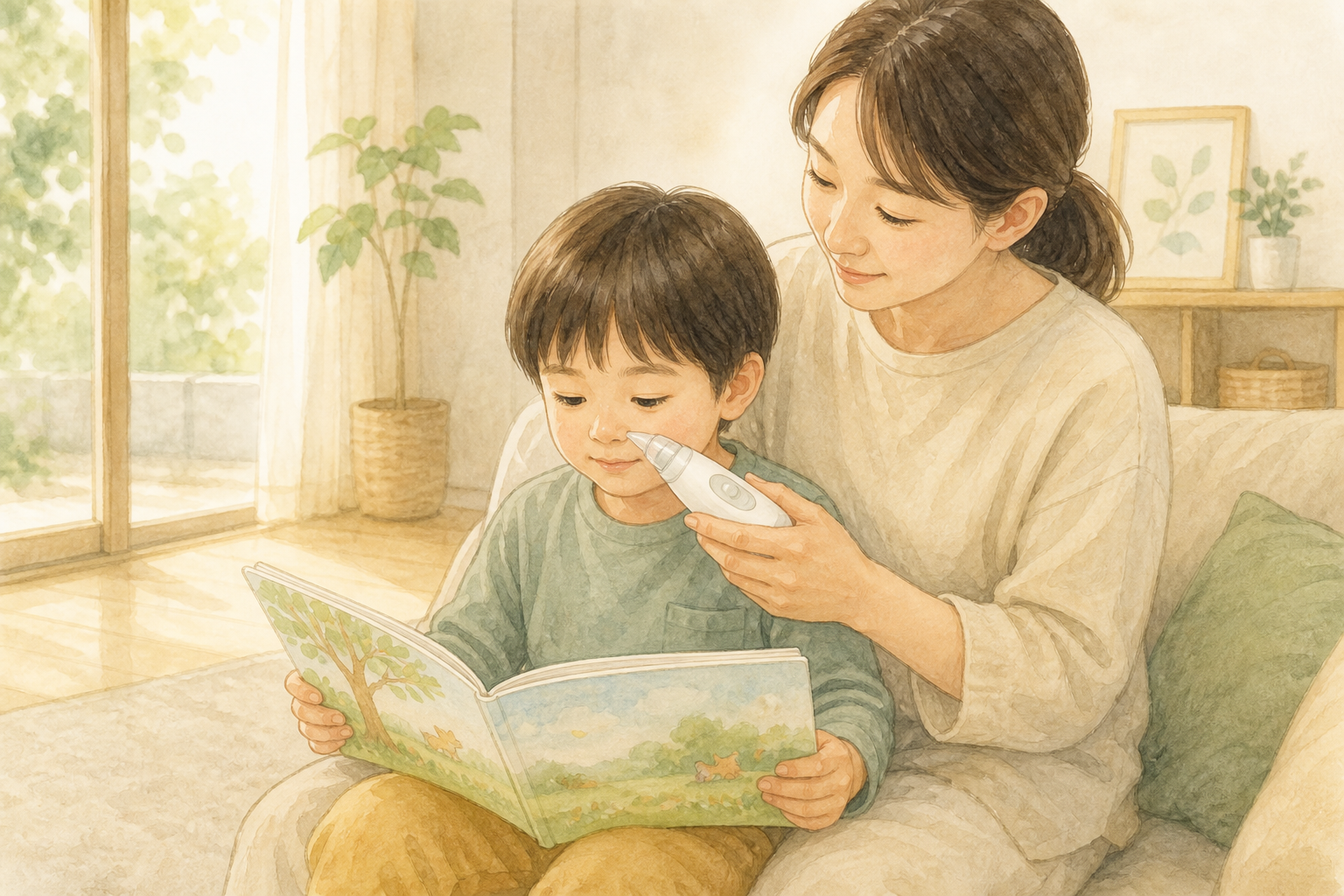 絵本に集中する子どもの横から、電動鼻水吸引器をそっと使う様子